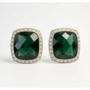 Square Black Faceted Clip-On Earrings With Rhinestone Accents